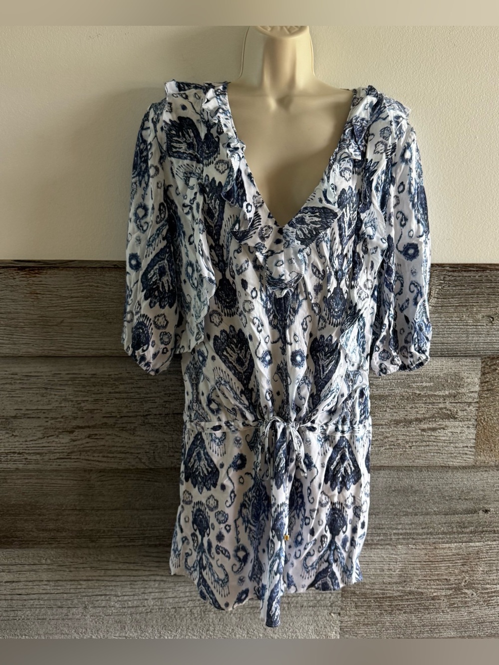 ViX Paula Hermanny Blue White Paisley Ruffle Cover Up Dress Size S/P (P1)